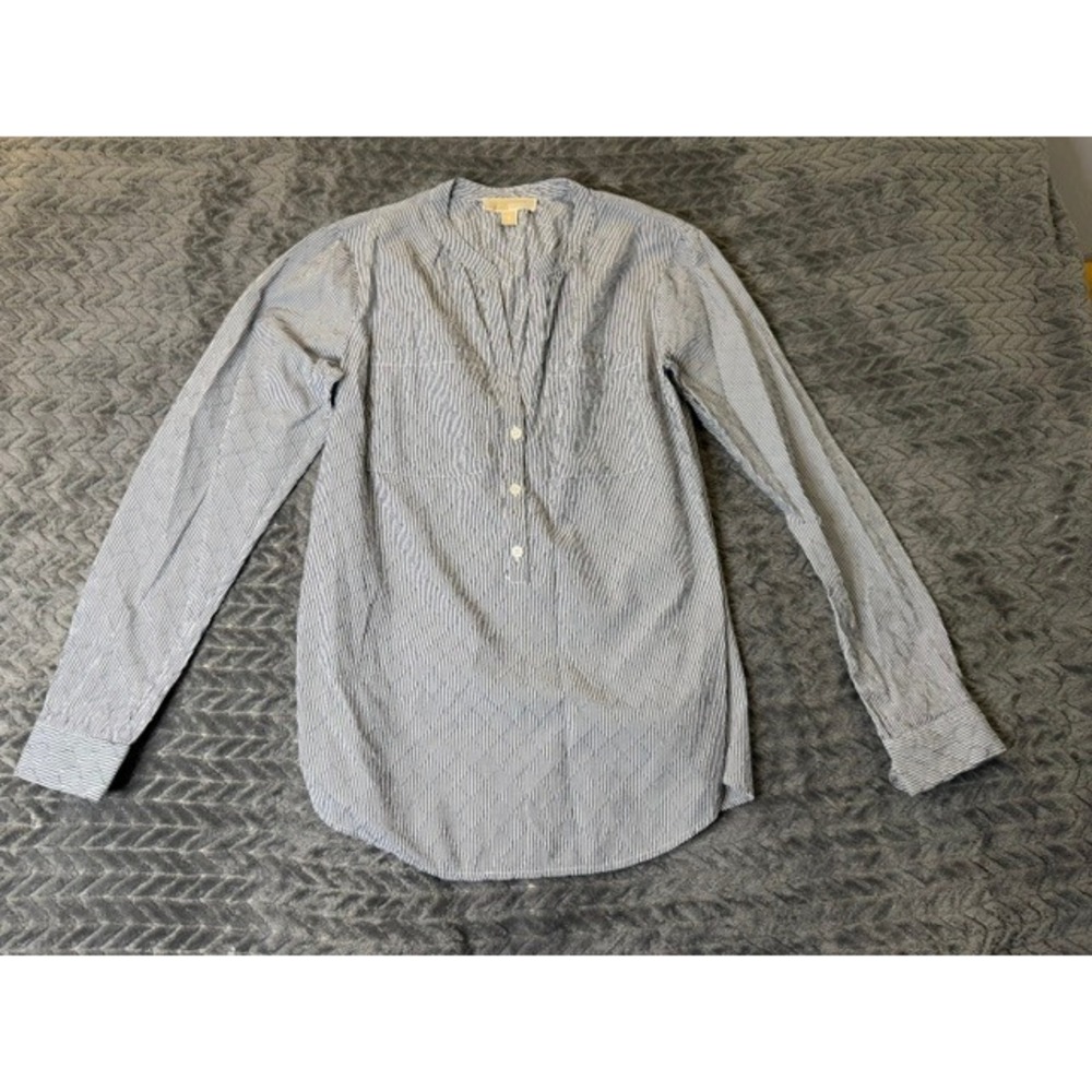 Michael Kors Womens Blue White Striped Button V-Neck Blouse Small 0310